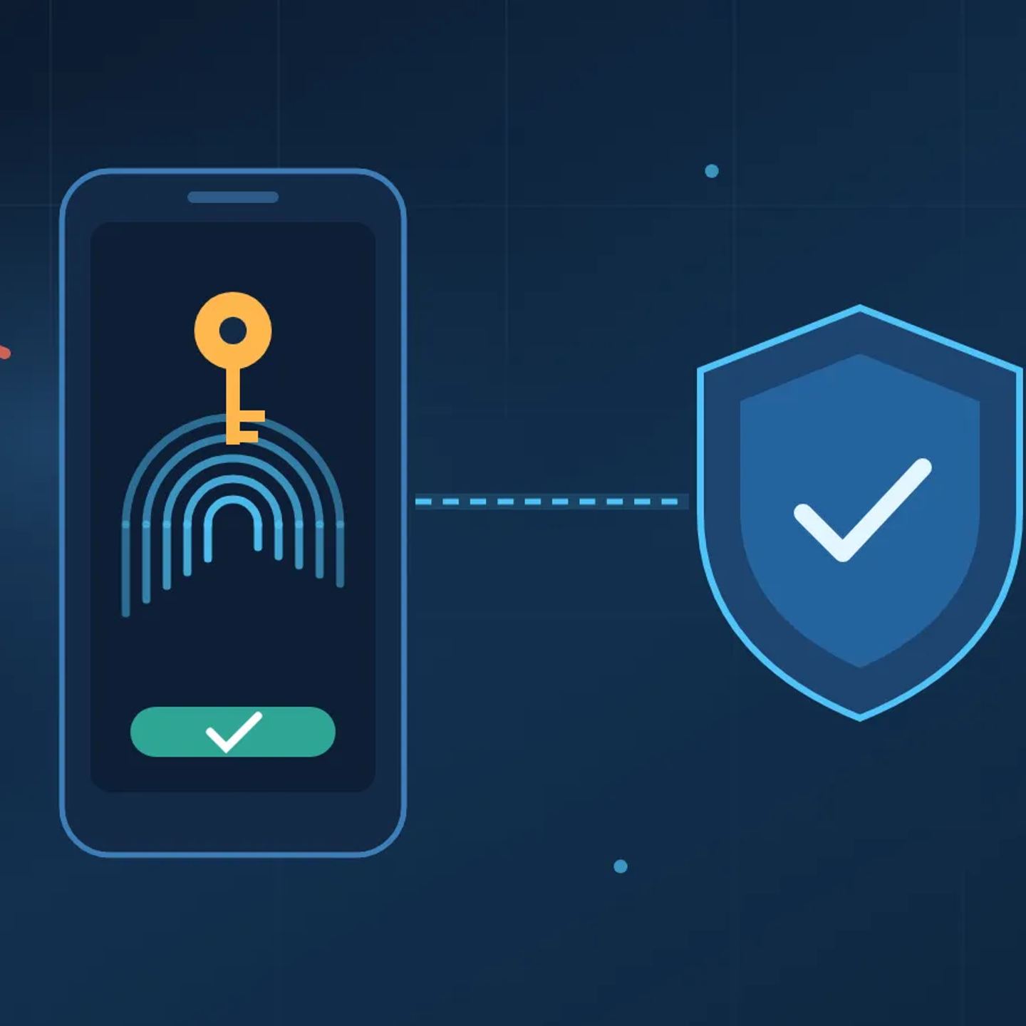 Ilustrasi ponsel dengan ikon sidik jari dan kunci yang terhubung ke perisai, di samping kolom password bertanda silang dan gelembung pesan OTP yang memudar