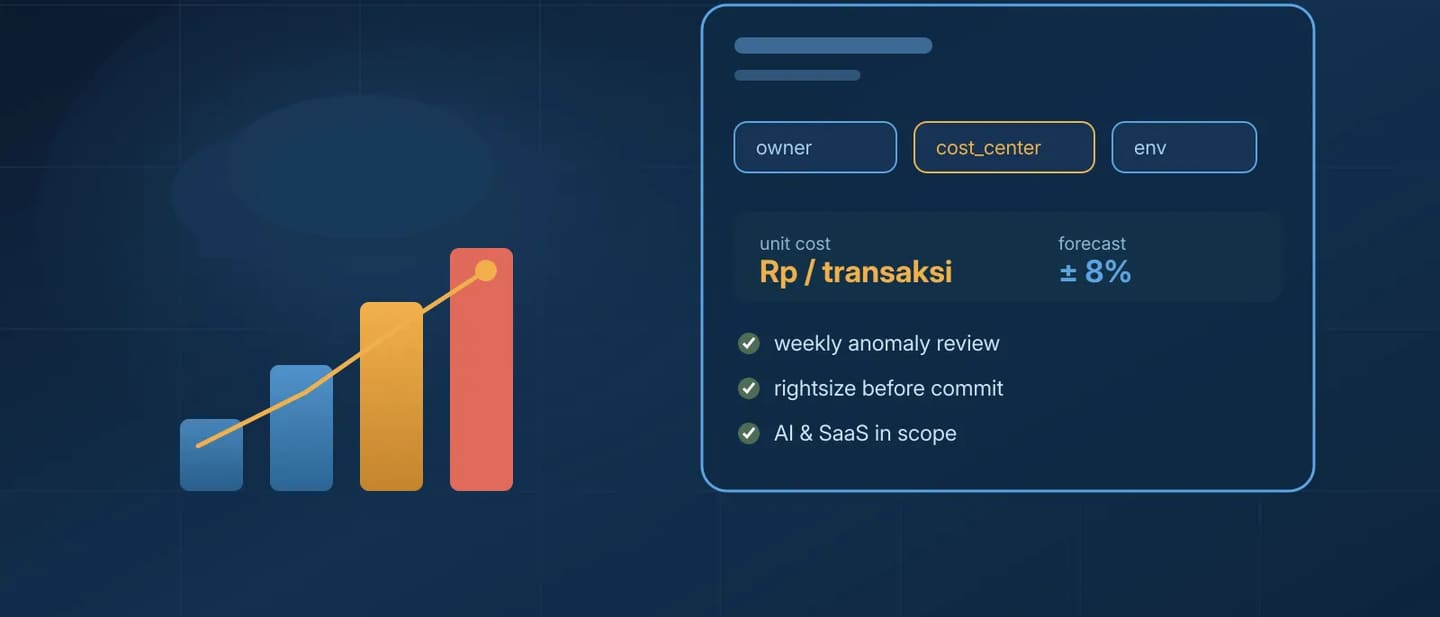 Ilustrasi dashboard FinOps dengan grafik biaya cloud naik, tag kepemilikan owner dan cost_center, serta checklist review mingguan