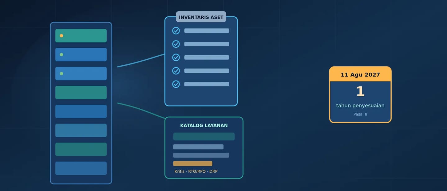 Ilustrasi rak server dan inventaris aset TIK terhubung ke katalog layanan SPBE dengan daftar periksa tenggat penyesuaian satu tahun