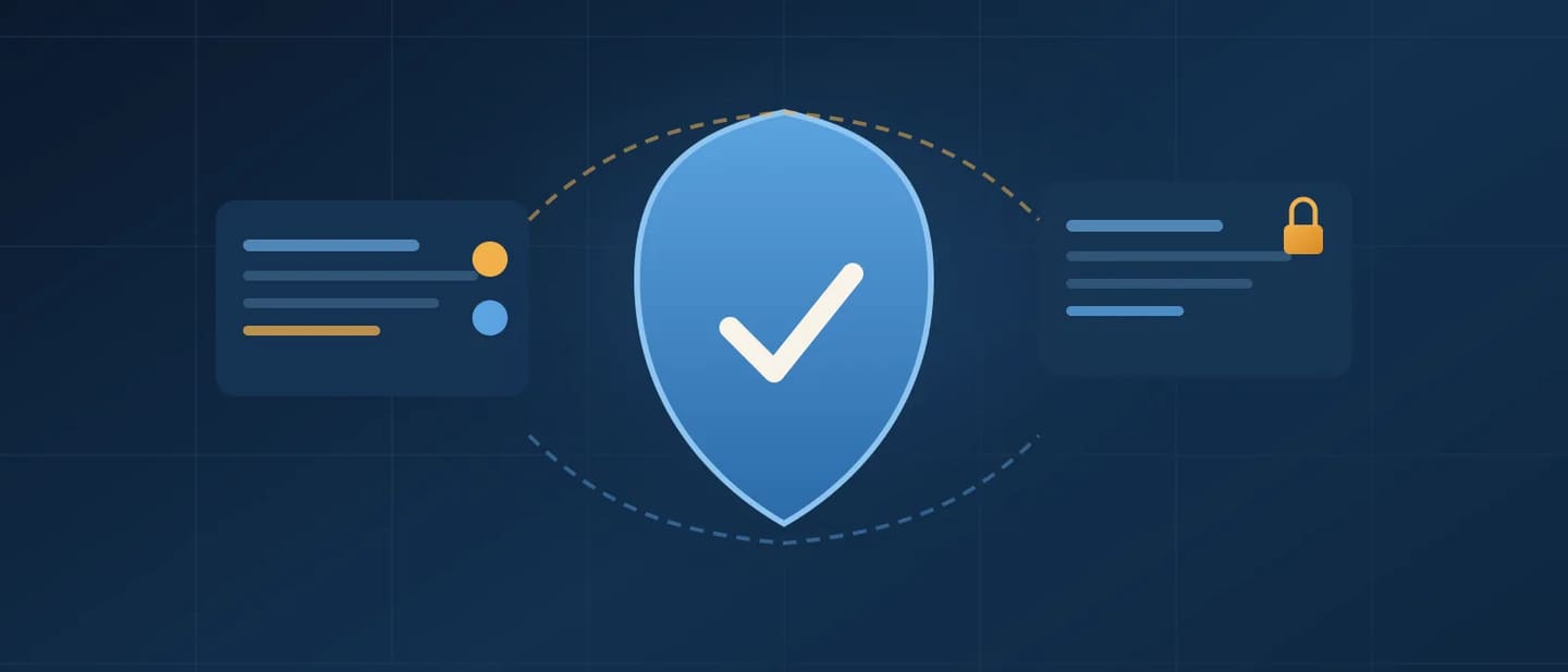 Ilustrasi perisai biru di antara dua blok sistem digital, melambangkan security by design pada siklus hidup SPBE